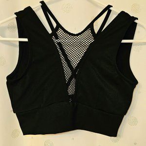 Forever 21 Black Crop Top Sports Bra Mesh Front Strappy Back Size Small New